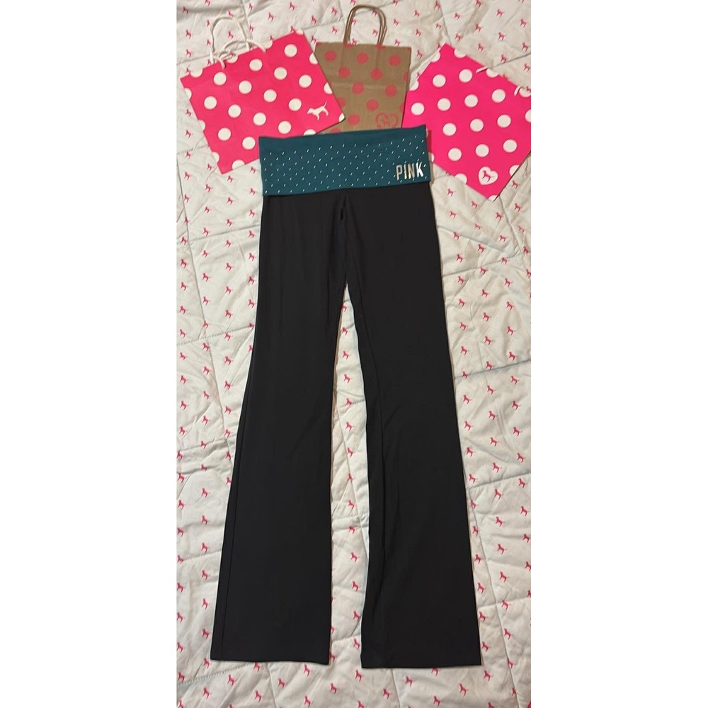 VS PINK NWT XS GREEN STUDDED VINTAGE Y2K FOLD OVER FLARE YOGA LEGGINGS - Picture 3 of 4